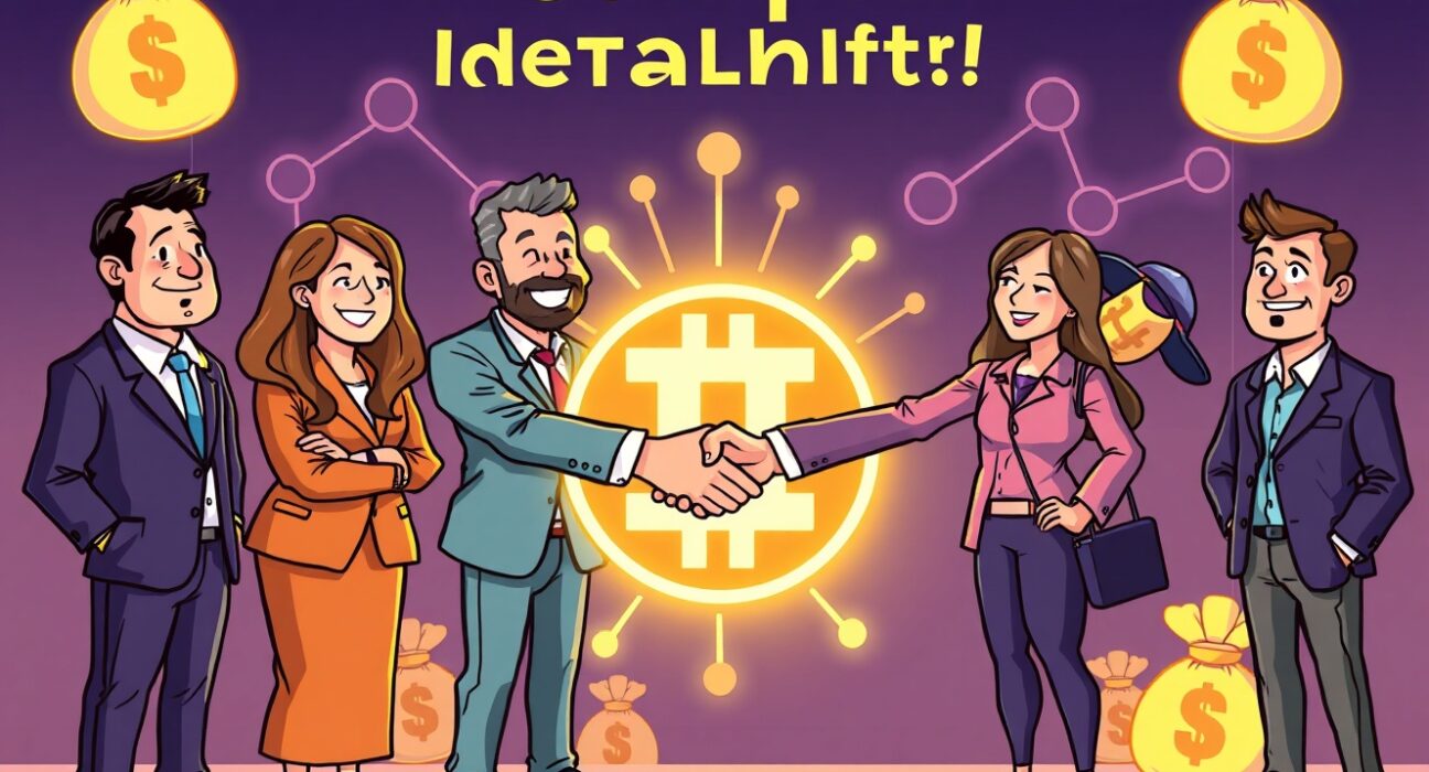 Cartoon illustration of partners celebrating a significant Metalpha investment, symbolizing growth in digital asset services.