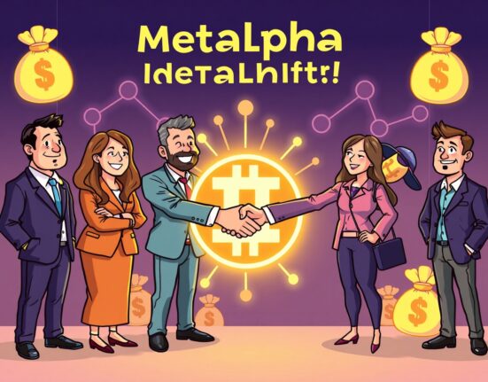 Cartoon illustration of partners celebrating a significant Metalpha investment, symbolizing growth in digital asset services.