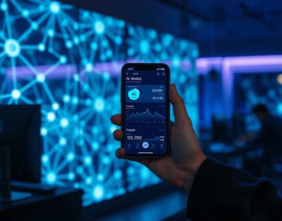 MetaMask Agent Wallet on smartphone with AI and blockchain visuals in background