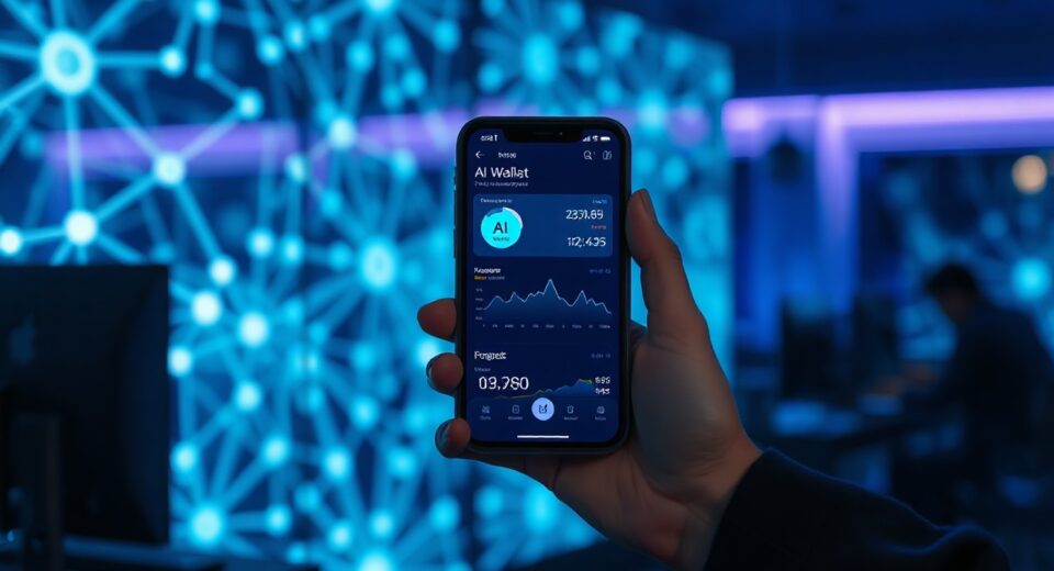 MetaMask Agent Wallet on smartphone with AI and blockchain visuals in background