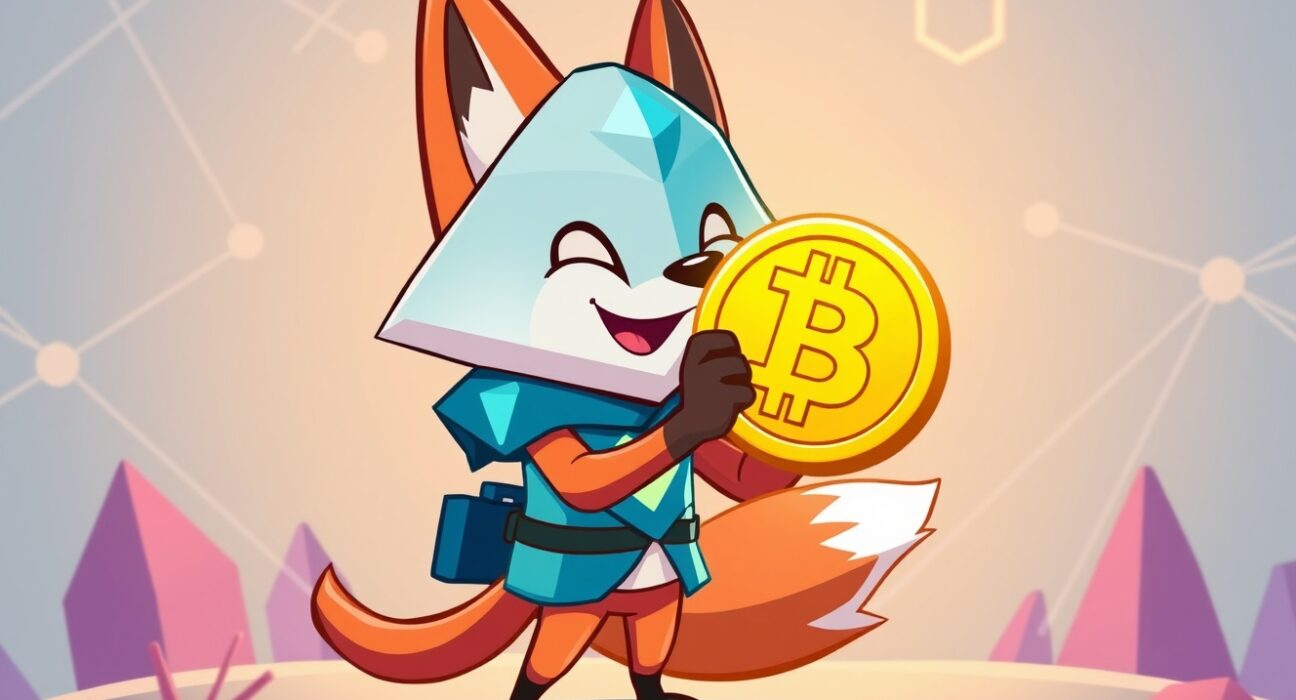 A cartoon fox character holding a Bitcoin coin, illustrating the new MetaMask Bitcoin support for simplified crypto management.