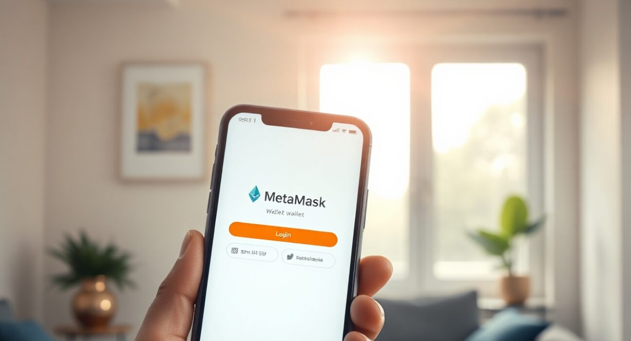 Smartphone showing MetaMask embedded wallet login screen with email and SMS options in a bright modern setting