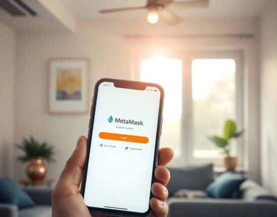 Smartphone showing MetaMask embedded wallet login screen with email and SMS options in a bright modern setting