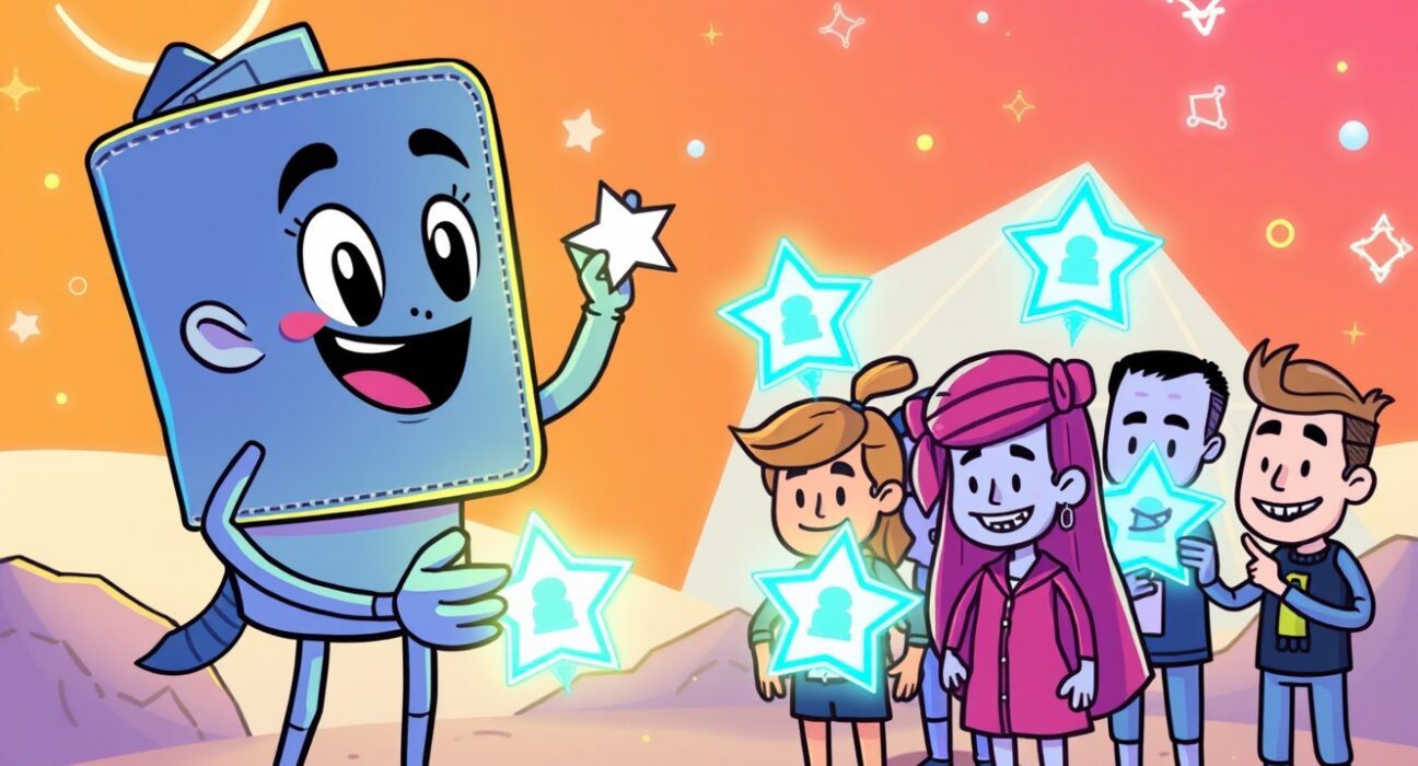 A cartoon wallet character distributing a free Solana ID badge to excited users in a digital world.