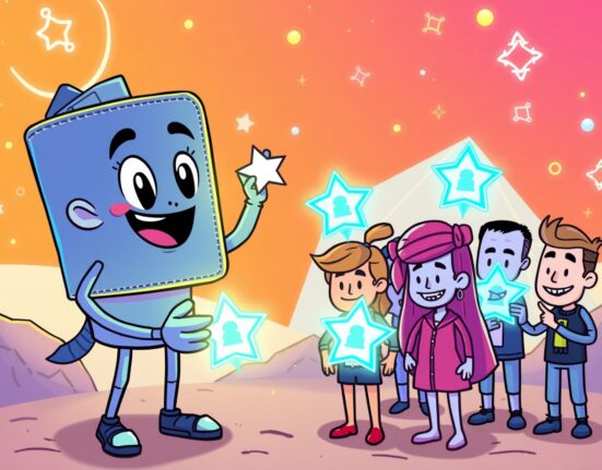 A cartoon wallet character distributing a free Solana ID badge to excited users in a digital world.