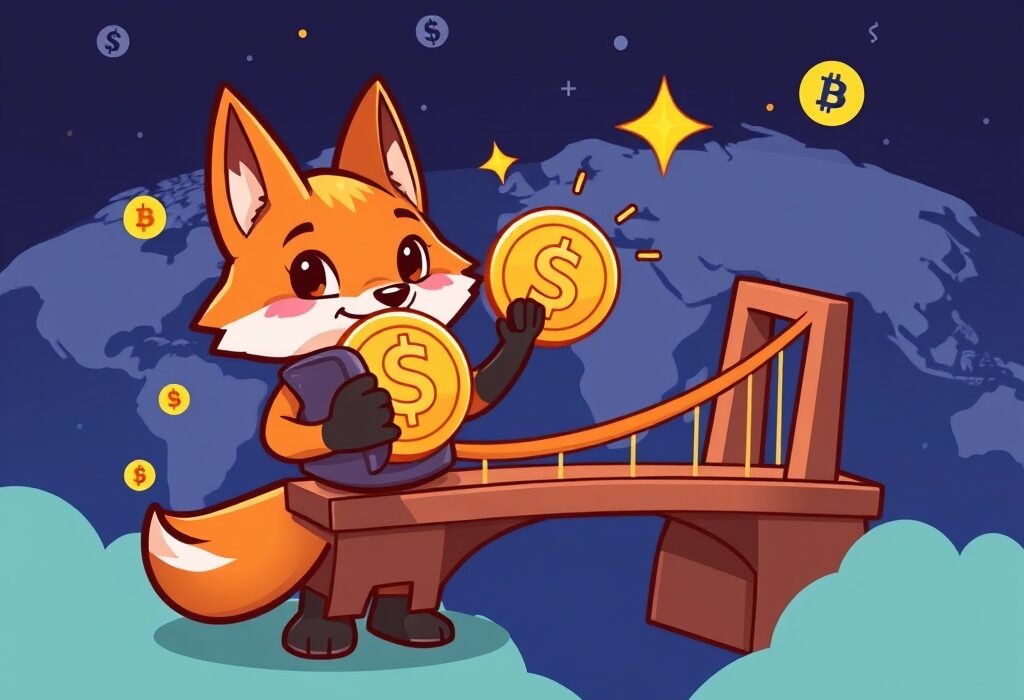 A vibrant cartoon illustration showing the MetaMask fox holding an mUSD stablecoin, symbolizing the upcoming MetaMask stablecoin launch and its impact on crypto wallets.