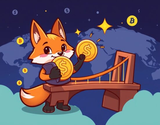 A vibrant cartoon illustration showing the MetaMask fox holding an mUSD stablecoin, symbolizing the upcoming MetaMask stablecoin launch and its impact on crypto wallets.