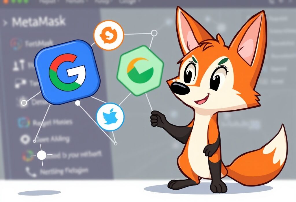 Cartoon illustration of MetaMask fox integrating with Google and Apple logos, representing simplified and secure MetaMask social login.