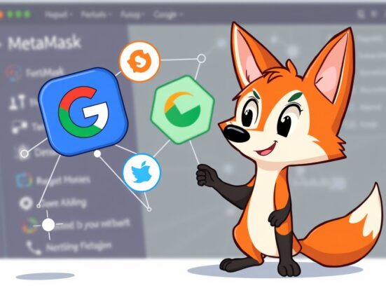 Cartoon illustration of MetaMask fox integrating with Google and Apple logos, representing simplified and secure MetaMask social login.