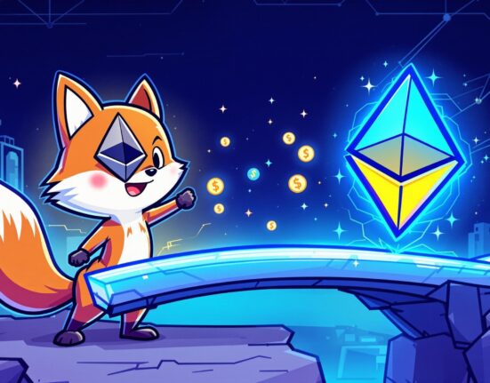 A cartoon fox mascot bridging Ethereum and Solana blockchain symbols, illustrating the new MetaMask Solana support.