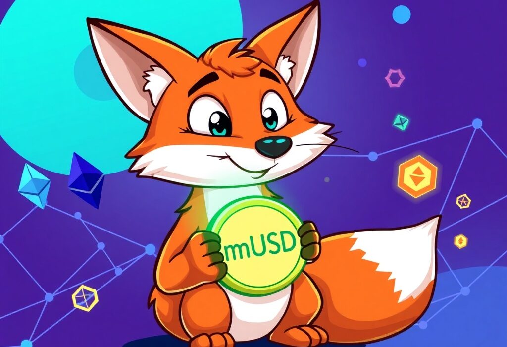 Cartoon fox mascot (MetaMask) presenting the new mUSD MetaMask stablecoin, symbolizing its launch and integration into the decentralized finance landscape on Ethereum and Linea.