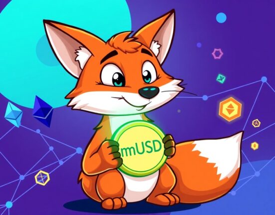 Cartoon fox mascot (MetaMask) presenting the new mUSD MetaMask stablecoin, symbolizing its launch and integration into the decentralized finance landscape on Ethereum and Linea.