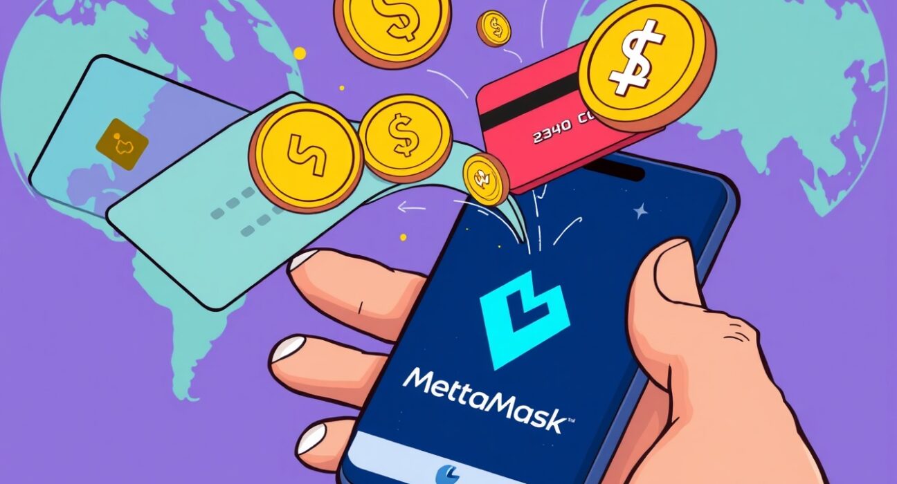 Cartoon depicting a user making seamless MetaMask stablecoin purchases directly within the app using a bank card.