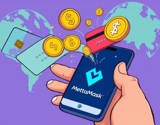 Cartoon depicting a user making seamless MetaMask stablecoin purchases directly within the app using a bank card.