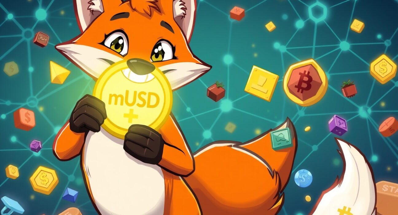 Cartoon fox proudly presenting the new MetaMask stablecoin, symbolizing secure and stable transactions within the DeFi ecosystem.