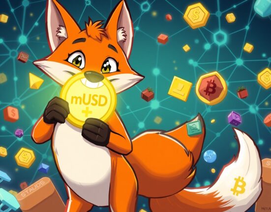 Cartoon fox proudly presenting the new MetaMask stablecoin, symbolizing secure and stable transactions within the DeFi ecosystem.