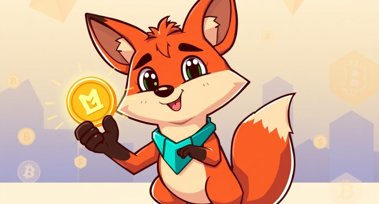 A cartoon fox mascot holding a glowing MetaMask token, symbolizing the anticipated launch and its impact on the crypto ecosystem.
