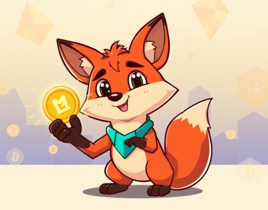 A cartoon fox mascot holding a glowing MetaMask token, symbolizing the anticipated launch and its impact on the crypto ecosystem.