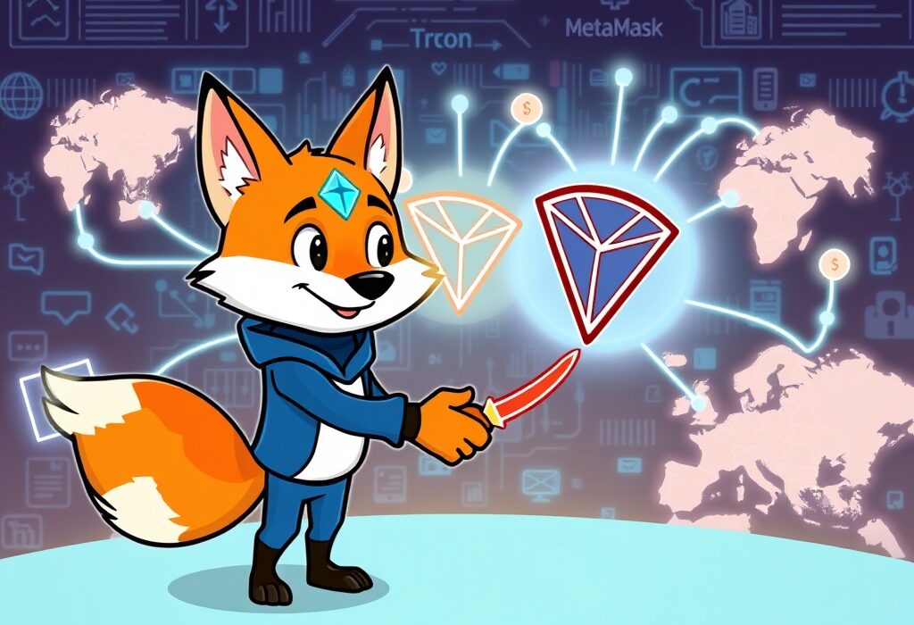 A cartoon illustration showing the strategic MetaMask TRON integration, enabling global access to dApps.