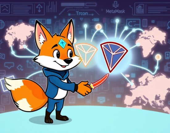 A cartoon illustration showing the strategic MetaMask TRON integration, enabling global access to dApps.