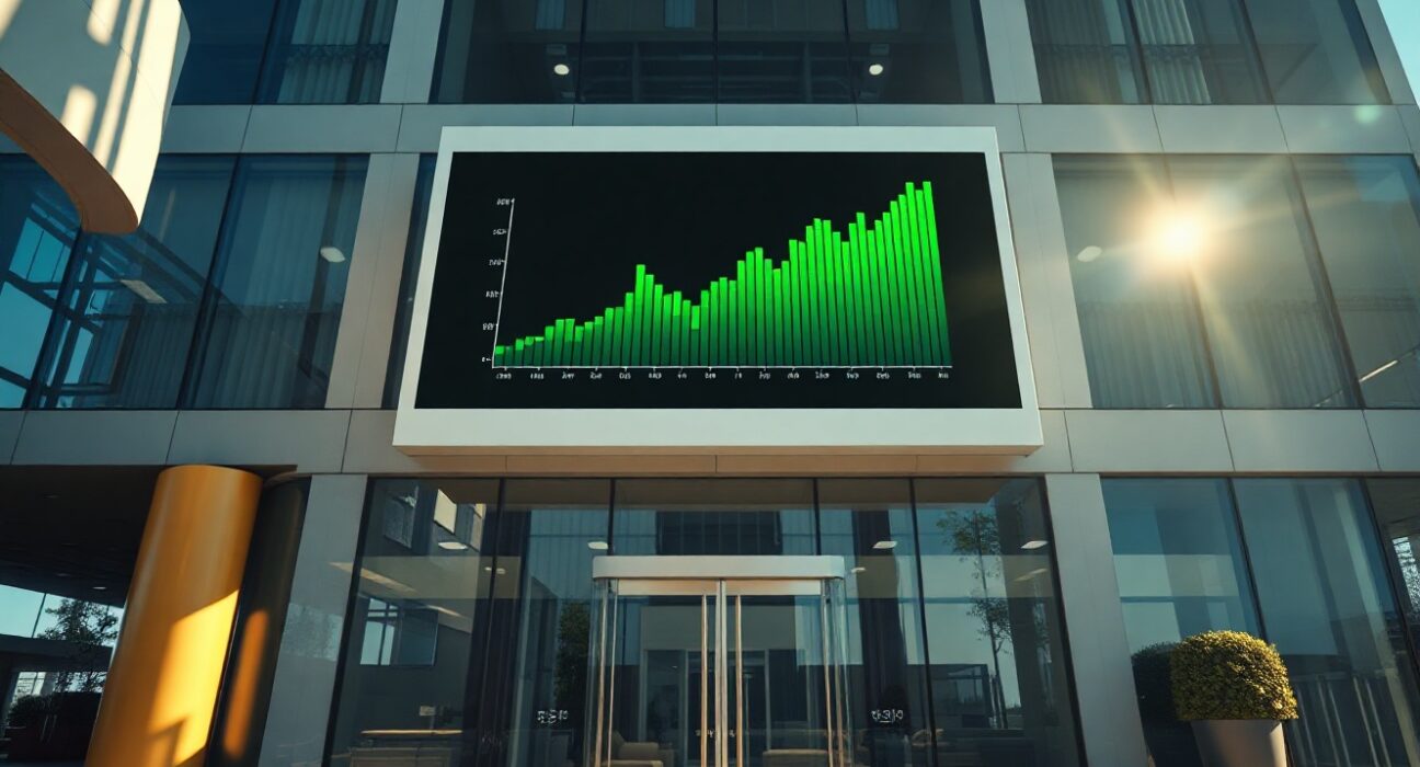Metaplanet corporate office lobby in Tokyo with Bitcoin price chart on digital display