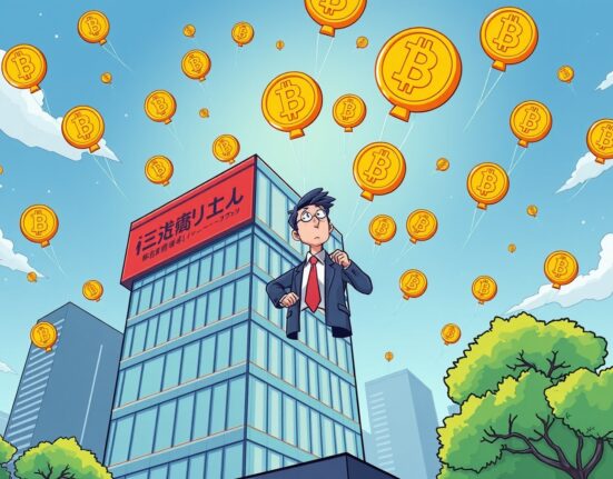 Metaplanet's Bitcoin accumulation strategy illustrated through corporate building with rising cryptocurrency symbols