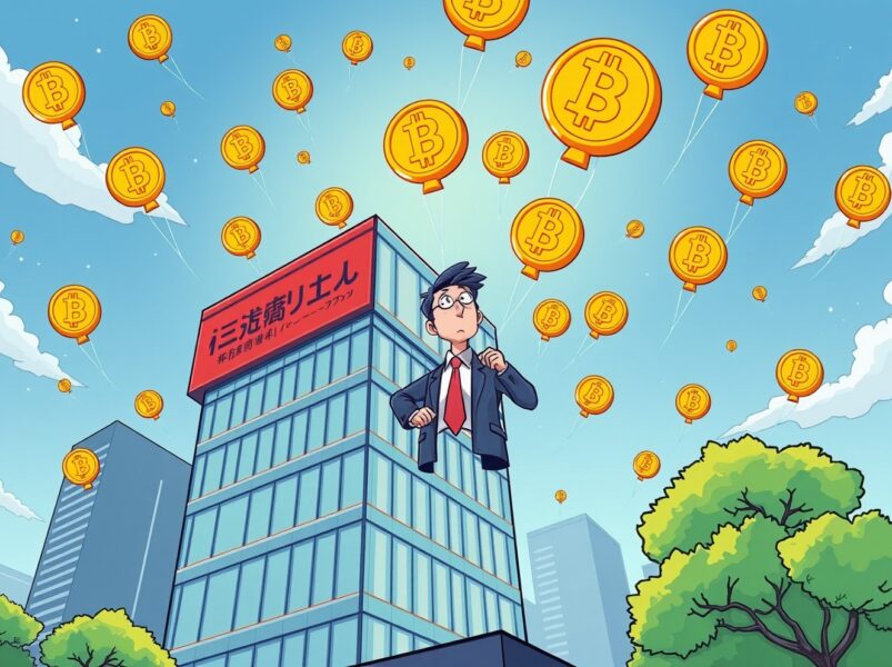 Metaplanet's Bitcoin accumulation strategy illustrated through corporate building with rising cryptocurrency symbols