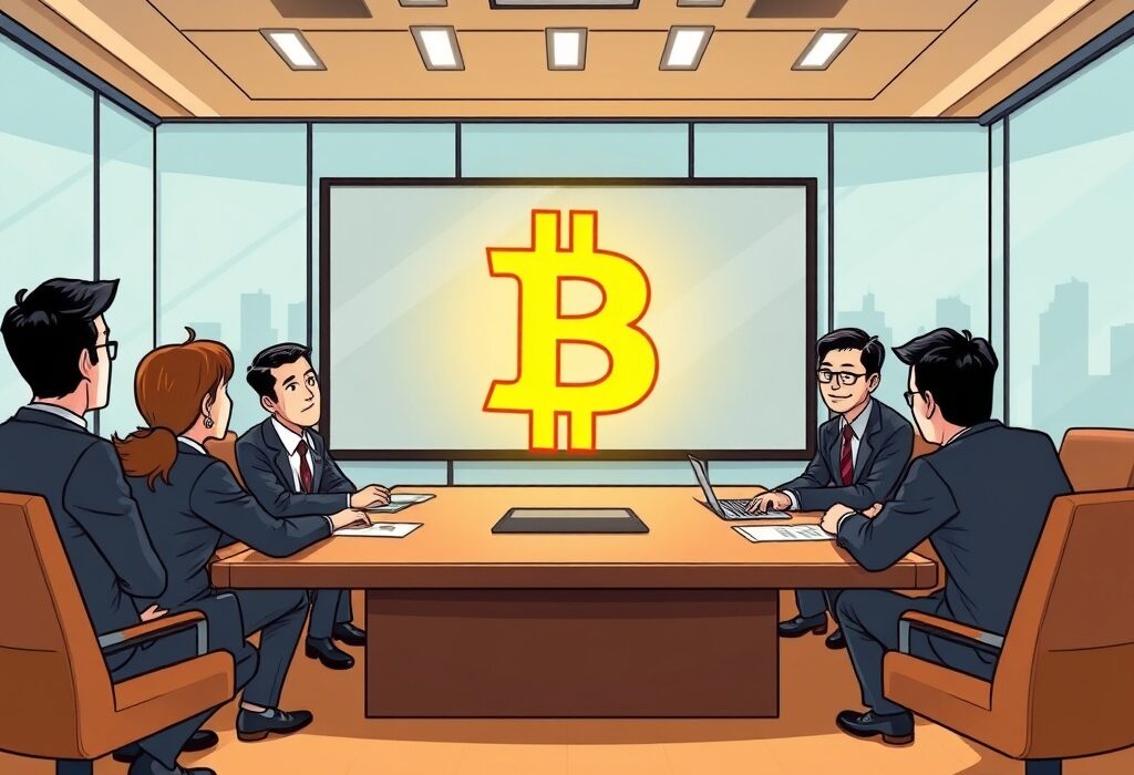 A cartoon illustration showing Metaplanet executives enthusiastically planning a significant Metaplanet Bitcoin acquisition.