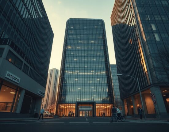 Metaplanet headquarters building in Tokyo, representing corporate Bitcoin strategy