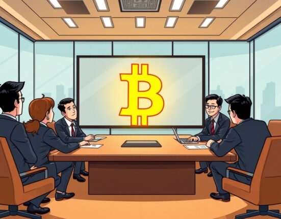 A cartoon illustration showing Metaplanet executives enthusiastically planning a significant Metaplanet Bitcoin acquisition.