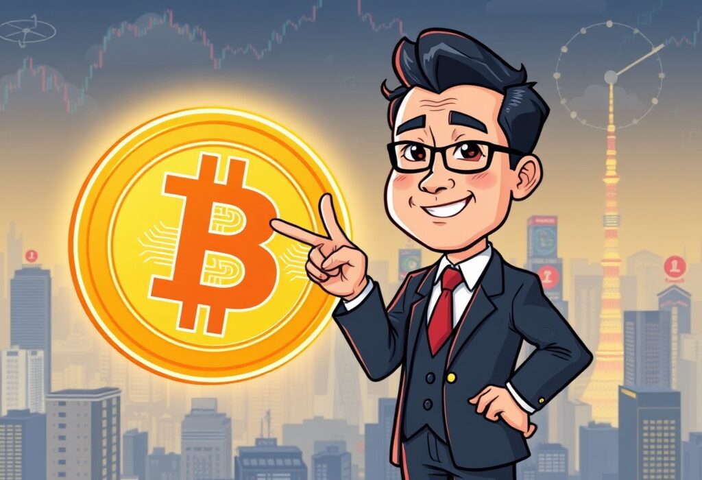 Japanese executive confidently highlights Metaplanet Bitcoin holdings, symbolizing strategic corporate digital asset adoption.