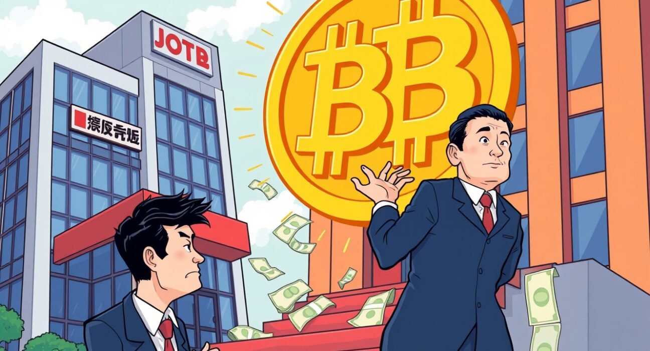 A cartoon illustration showing Metaplanet's bold strategy to acquire more Bitcoin with a significant capital raise.