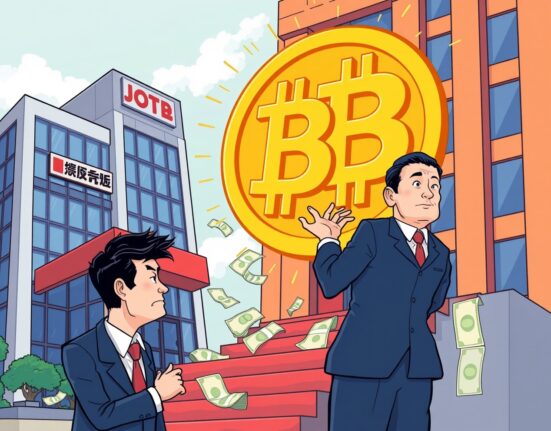 Japanese executive confidently highlights Metaplanet Bitcoin holdings, symbolizing strategic corporate digital asset adoption.