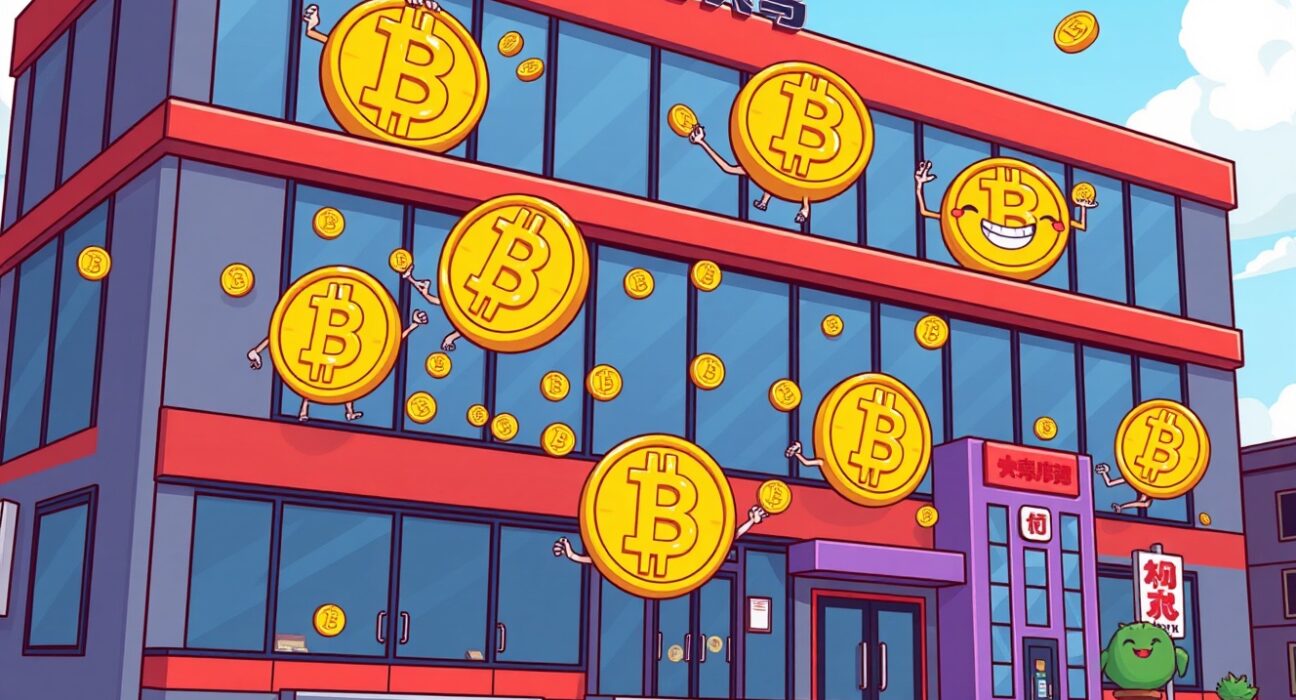 Japanese company building embracing Bitcoin assets in vibrant corporate strategy illustration