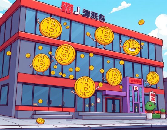 Japanese company building embracing Bitcoin assets in vibrant corporate strategy illustration