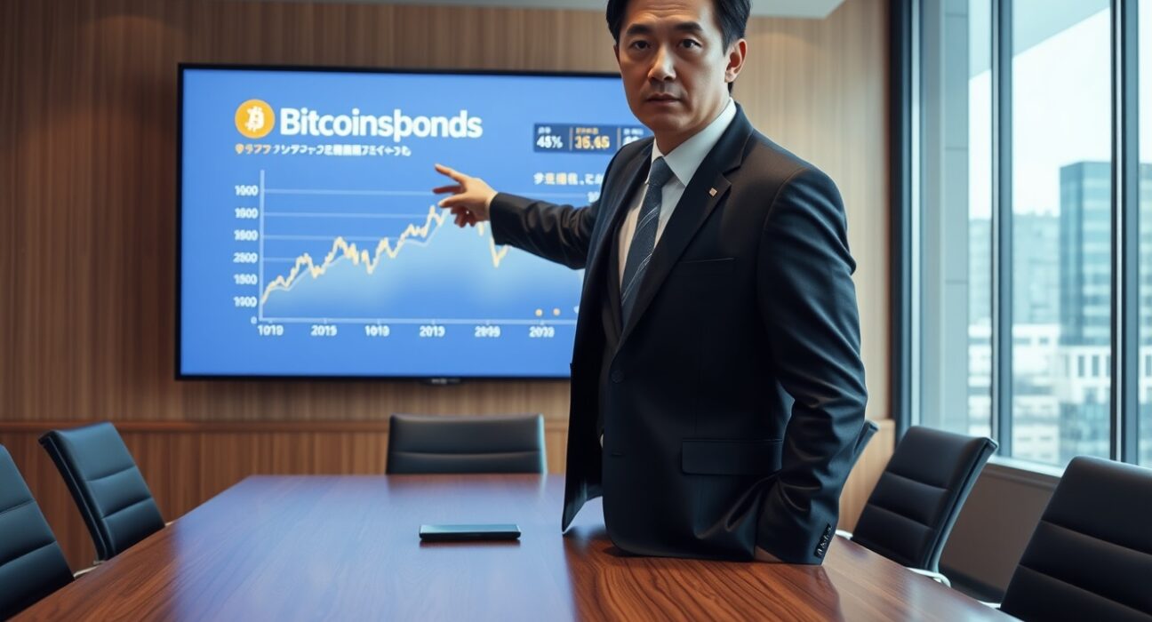 Japanese financial office with digital display showing Bitcoin chart and Bitbonds concept