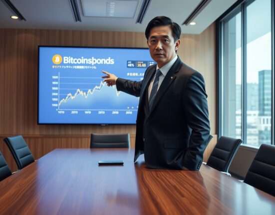 Japanese financial office with digital display showing Bitcoin chart and Bitbonds concept