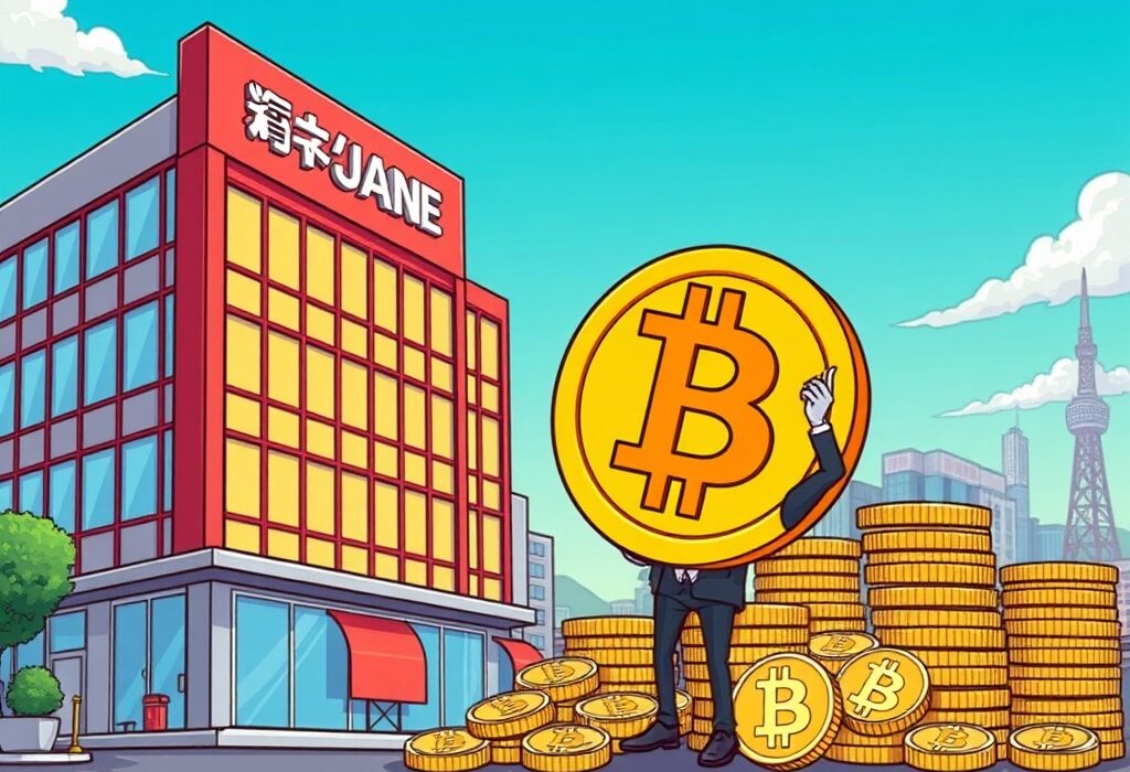 Cartoon illustration of a Japanese company proudly investing in Metaplanet Bitcoin, symbolizing strategic growth in crypto holdings.