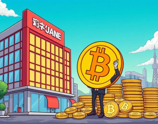 Cartoon illustration of a Japanese company proudly investing in Metaplanet Bitcoin, symbolizing strategic growth in crypto holdings.