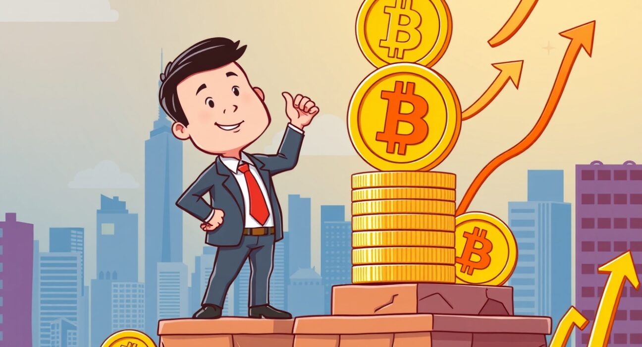 A cartoon illustration showing a strategic Metaplanet Bitcoin accumulation, symbolizing strong investment confidence and future growth.