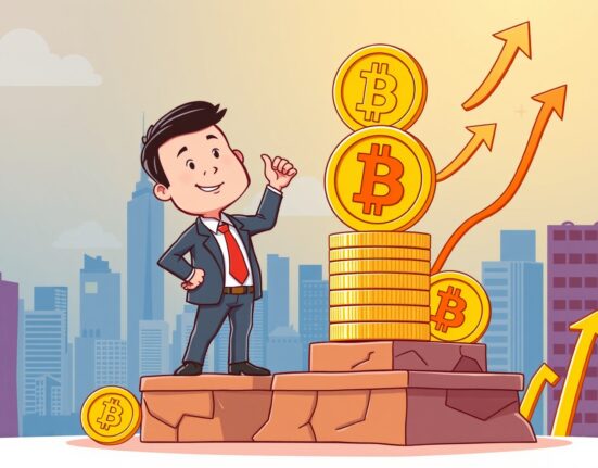 A cartoon illustration showing a strategic Metaplanet Bitcoin accumulation, symbolizing strong investment confidence and future growth.