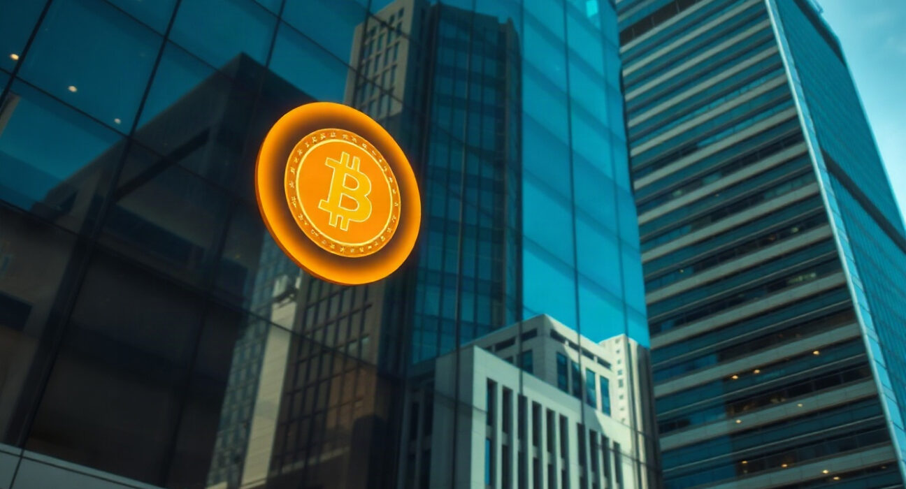 Metaplanet corporate building in Tokyo with subtle Bitcoin symbol reflection, representing its treasury strategy