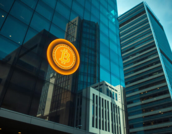 Metaplanet corporate building in Tokyo with subtle Bitcoin symbol reflection, representing its treasury strategy