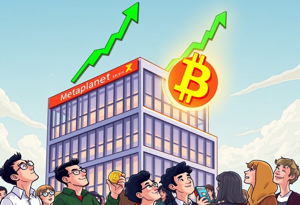 Cartoon showing Metaplanet Bitcoin firm's building rising, symbolizing its monumental inclusion in the FTSE Japan Index, signaling growth.