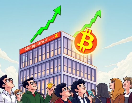 Cartoon showing Metaplanet Bitcoin firm's building rising, symbolizing its monumental inclusion in the FTSE Japan Index, signaling growth.