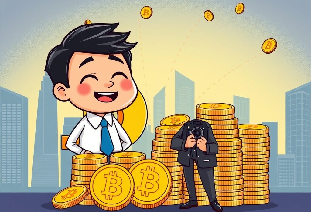 A cartoon showing a Japanese executive celebrating significant Metaplanet Bitcoin holdings, symbolizing strategic corporate Bitcoin adoption.