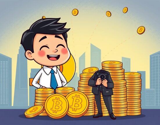 A cartoon showing a Japanese executive celebrating significant Metaplanet Bitcoin holdings, symbolizing strategic corporate Bitcoin adoption.