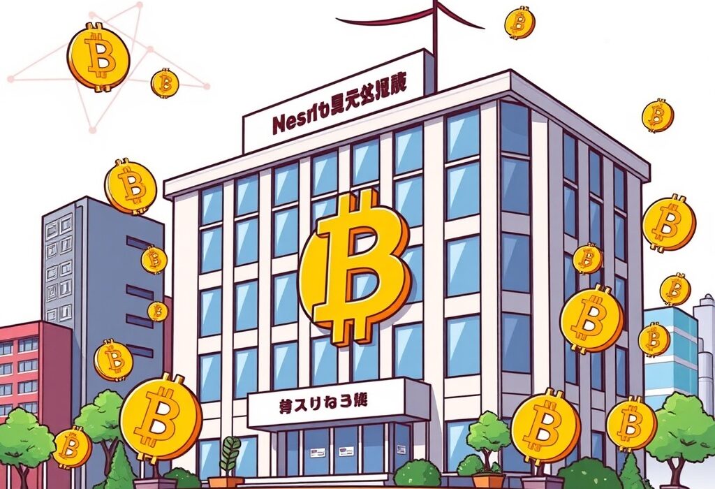 Cartoon showing a Japanese company building celebrating its significant Bitcoin investment, symbolizing strong corporate BTC holdings.