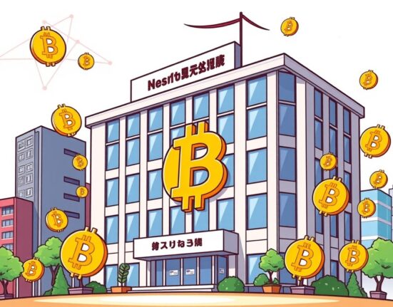 Cartoon showing a Japanese company building celebrating its significant Bitcoin investment, symbolizing strong corporate BTC holdings.