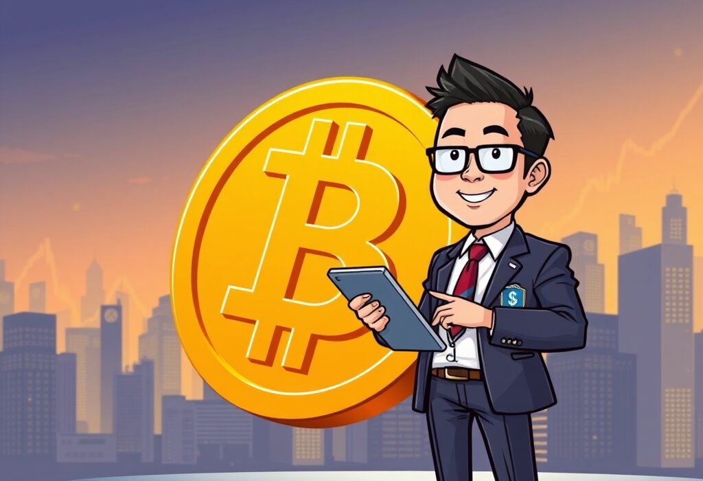 A cartoon illustration showing a Japanese executive next to a large Bitcoin, symbolizing Metaplanet Bitcoin investment growth and strategic corporate holdings.